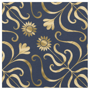 Elegante Floral Damask Navy Blue & Gold Sonnenblum Stoff
