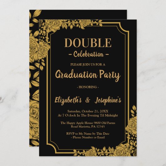 Elegante Floral Double Celebration Graduation Part Einladung (Vorne/Hinten)