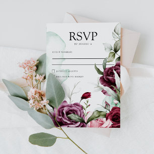 Elegante Floral Emerald Green & Burgundy Wedding RSVP Karte