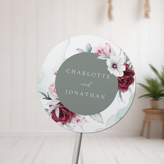 Elegante Floral Emerald Green & Burgundy Wedding Runder Aufkleber