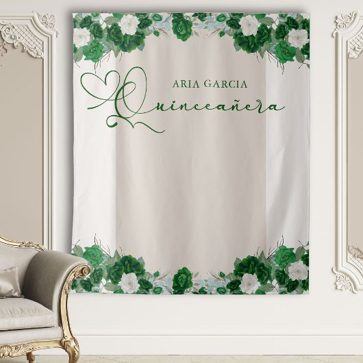 Elegante Floral Emerald Green Quinceanera Hintergr Wandteppich