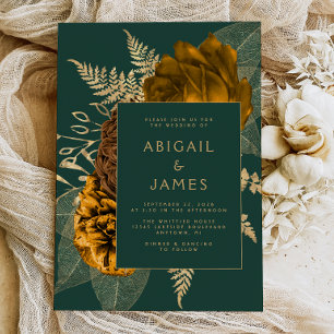 Elegante Floral Emerald Green Rust Gold Wedding Einladung