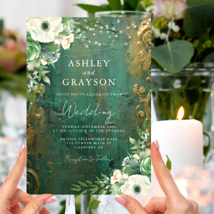 Elegante Floral Emerald Green und Gold Wedding Einladung