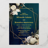 Elegante Floral Emerald Green und Gold Wedding Folieneinladung (Vorderseite)