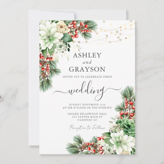 Elegante Floral Emerald Green Winter Wedding Einladung (Vorderseite)