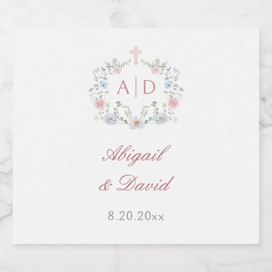 Elegante Floral Frame Religiöse Hochzeitmonogramme Bierflaschenetikett (Einzelnes Label)