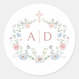 Elegante Floral Frame Religiöse Hochzeitmonogramme Runder Aufkleber