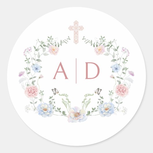 Elegante Floral Frame Religiöse Hochzeitmonogramme Runder Aufkleber (Vorderseite)