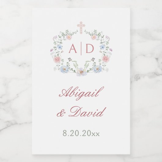 Elegante Floral Frame Religiöse Hochzeitmonogramme Weinetikett (Einzelnes Label)