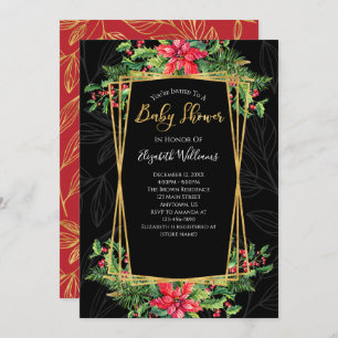 Elegante Floral Gold Black Christmas Baby Shower Einladung