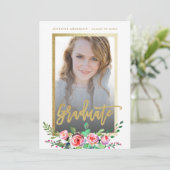 Elegante Floral Gold Chic Foto Graduation Party Einladung (Stehend Vorderseite)