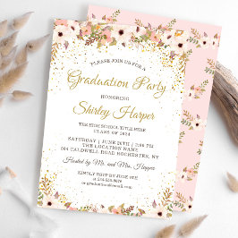Elegante Floral Gold Confetti Pink Graduation Part Einladung