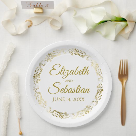 Elegante Floral Gold Filigree Einfache schicke Hoc Pappteller (Hochzeit)