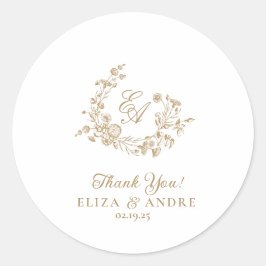 Elegante Floral Gold Monogram Wedding Sticker (Vorderseite)
