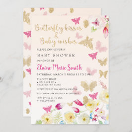 Elegante Floral Gold Pink Butterflies Babydusche Einladung