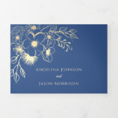 Elegante Floral Gold Royal Blue Wedding Dreifach Gefaltete Einladung (Cover)