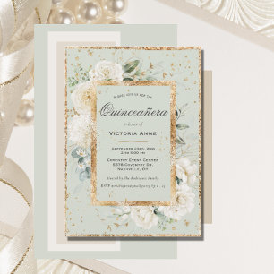 Elegante Floral Gold Sage Moderne Quinceñera Einladung