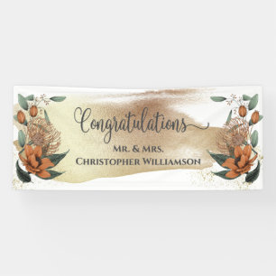 Elegante Floral Gold Weißer Glückwunsch Hochzeit Banner