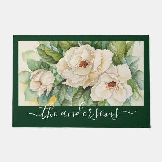 Elegante Floral Green Magnolia-Blume Name Script Fußmatte (Vorderseite)