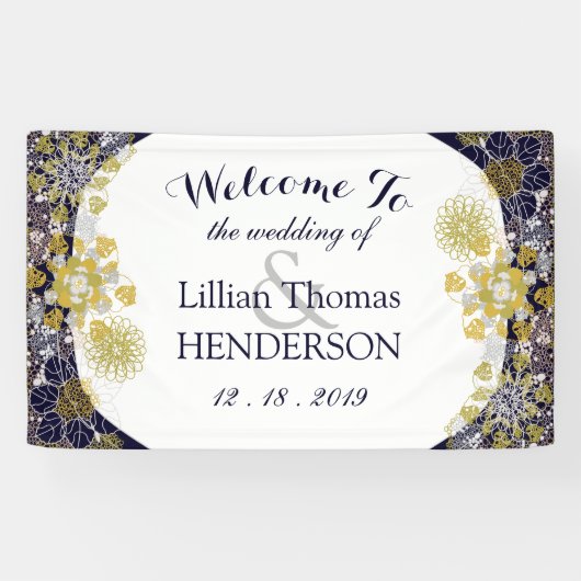 Elegante Floral Lace Silver Gold Wedding Party Banner (Horizontal)