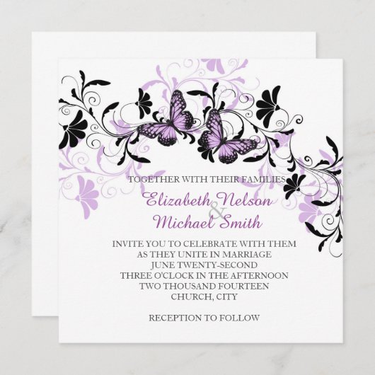 Elegante Floral Lavender Butterfly Wedding Einladu Einladung (Vorne/Hinten)