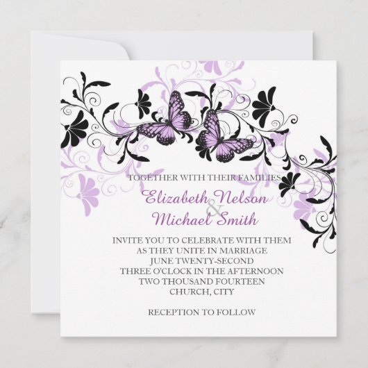 Elegante Floral Lavender Butterfly Wedding Einladu Einladung (Vorderseite)