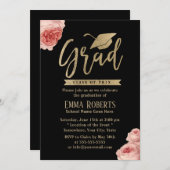Elegante Floral Modern Gold Graduation Party Einladung (Vorne/Hinten)