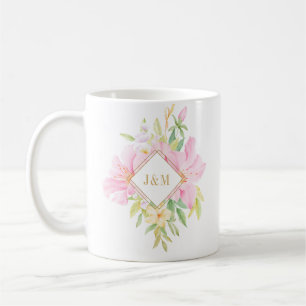 Elegante Floral Monogram Wasserfarbe Rosa Hochzeit Kaffeetasse