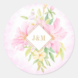 Elegante Floral Monogram Wasserfarbe Rosa Hochzeit Runder Aufkleber