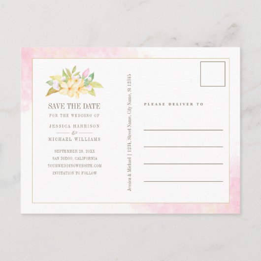 Elegante Floral Monogram Wasserfarbe Save the Date Einladungspostkarte (Rückseite)