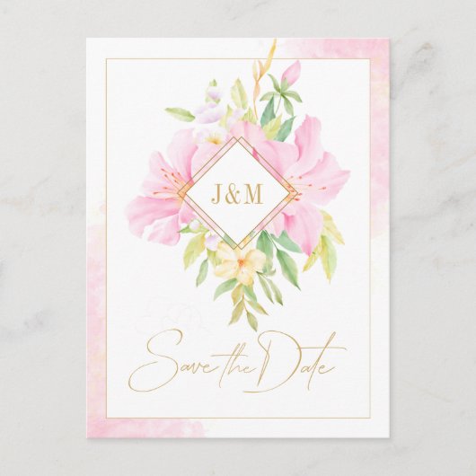 Elegante Floral Monogram Wasserfarbe Save the Date Einladungspostkarte (Vorderseite)