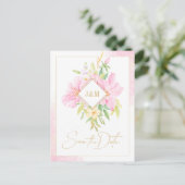 Elegante Floral Monogram Wasserfarbe Save the Date Einladungspostkarte (Stehend Vorderseite)
