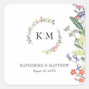 Elegante Floral Monogram Wedding Square Sticker