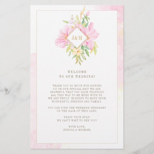 Elegante Floral Monogram Wedding Welcome Itinerary (Vorderseite)
