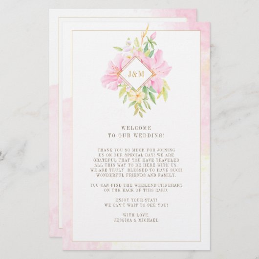 Elegante Floral Monogram Wedding Welcome Itinerary (Vorne/Hinten)