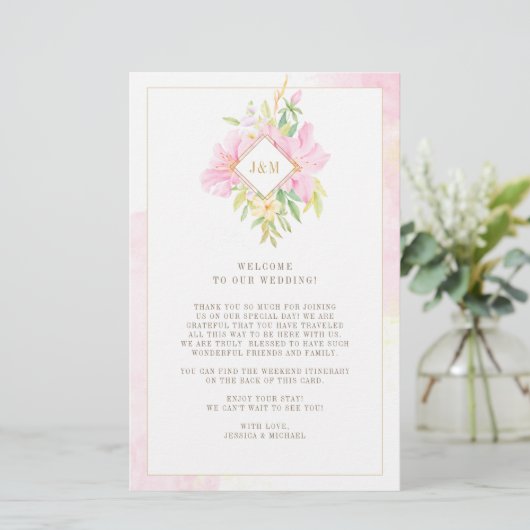 Elegante Floral Monogram Wedding Welcome Itinerary (Stehend Vorderseite)