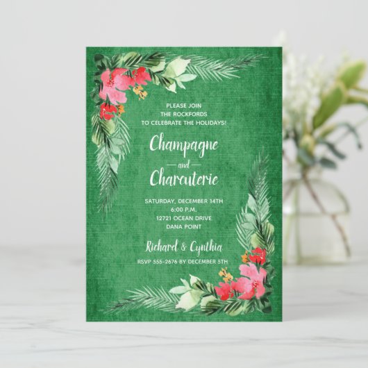 Elegante Floral on Green Christmas Einladungen (Stehend Vorderseite)