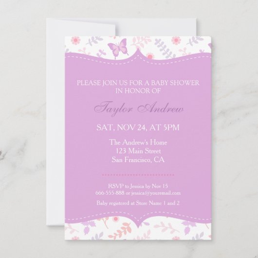 Elegante Floral Pattern Butterfly Babydusche Einladung (Vorderseite)