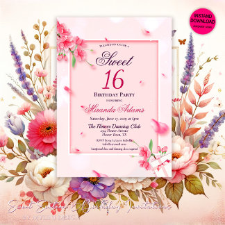 Elegante Floral Pink 16 . Geburtstag Geburtstagspa Einladung