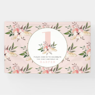 Elegante floral rosa Mädchen Geburtstagsfeier vint Banner