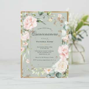 Elegante floral Sage Grün Gold Quinceanera Einladung