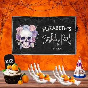 Elegante Floral & Skull Halloween Geburtstagsparty Banner