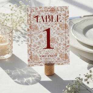 Elegante Floral Toile Schrift Rot Hochzeit Tischnummer