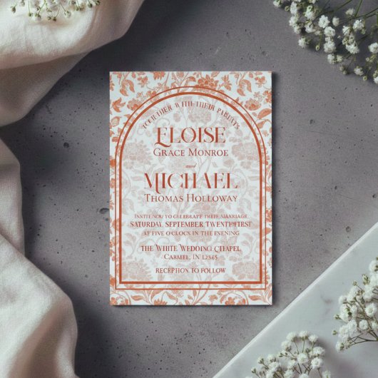 Elegante Floral Toile Schrift Terrakotta-Rot Hochz Einladung