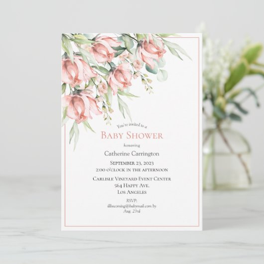 Elegante Floral Watercolor Babydusche Einladung (Stehend Vorderseite)