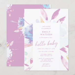 Elegante Floral Watercolor Lila Hello Baby Shower Einladung