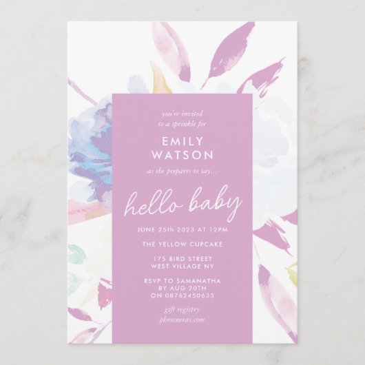 Elegante Floral Watercolor Lila Hello Baby Shower Einladung (Vorderseite)