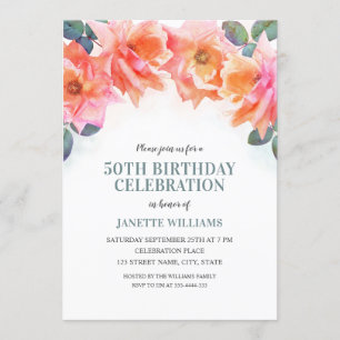 Elegante Floral Watercolor Rose 50. Geburtstagspar Einladung