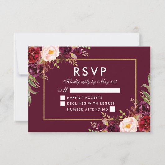 Elegante Floral Wedding Burgundy Gold UAWG RSVP Karte (Vorderseite)