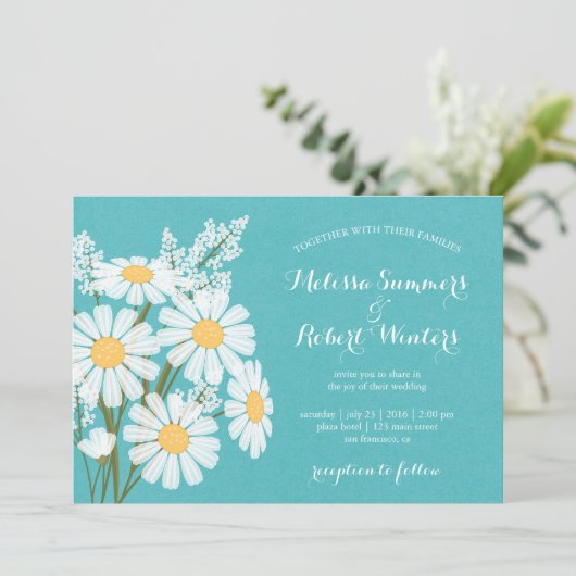 Elegante Floral White Daisies Aquamarin Wedding Einladung (Stehend Vorderseite)